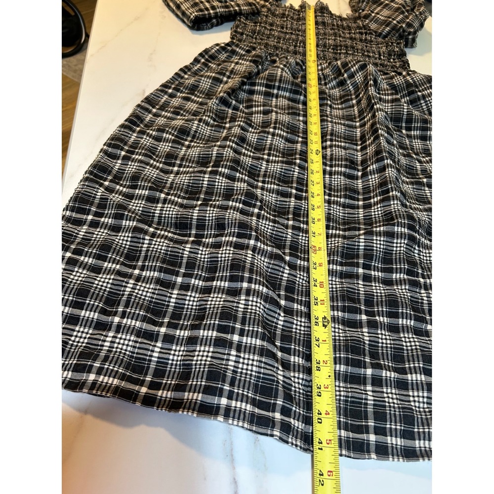 LOFT Outlet Black White Plaid Smocked Midi Dress Square Neck Long Sleeve Large - Picture 5 of 6